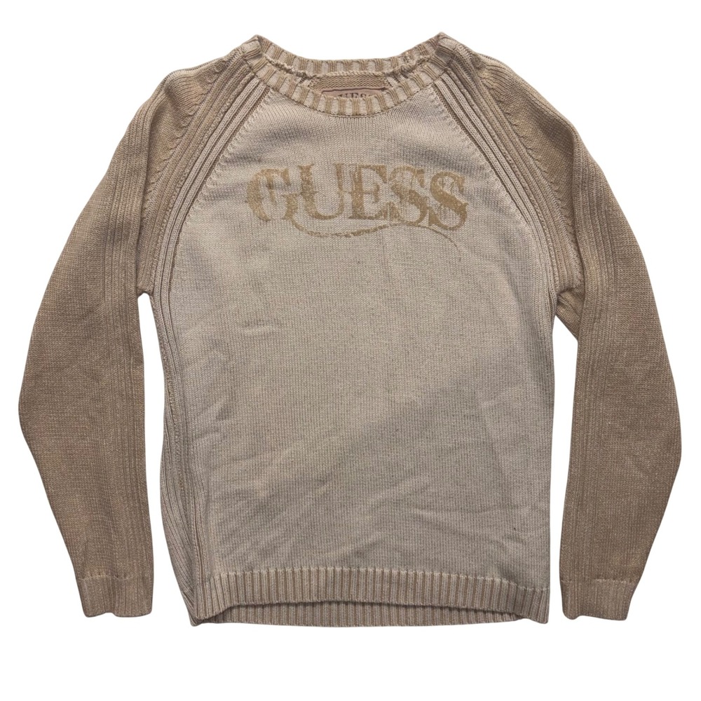 Y2K Guess Mens Vintage Flocked Logo Ribbed Sweater Tan Beige Large Gothic Font